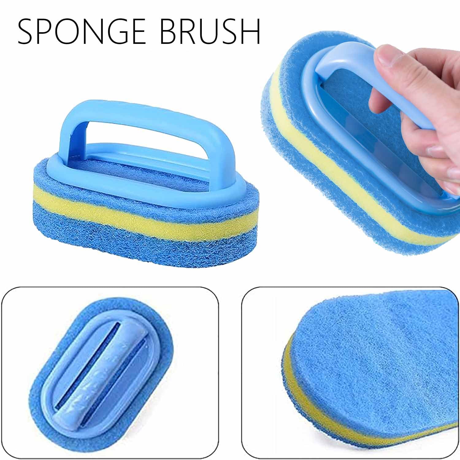 2 Pcs Bathroom Cleaning Sponge Brush with Plastic Handle Multi Function Scourer for Kitchen Tiles Bathtub and Toilet All Purpose Durable Design Blue Color - Image 3