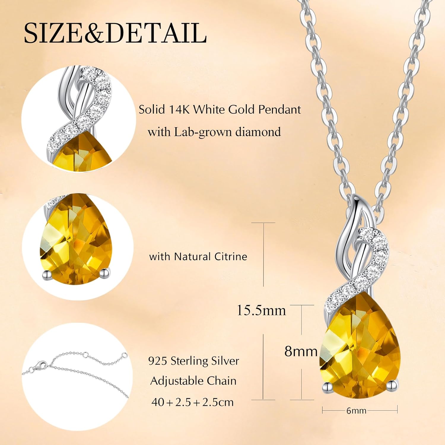 FANCIME Citrine Necklace 14K Solid White Gold Teardrop Pendant with Diamond November Birthstone Necklace Jewelry Gifts for Mom Women - Image 3