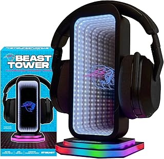 Feastables Beast Tower MrBeast Gaming Headphone Stand | RGB Light Display with Infinity Mirror Effect and Logo | Universal Headset Holder; USB Powered Desk Computer Accessory for Gamers and Streamers