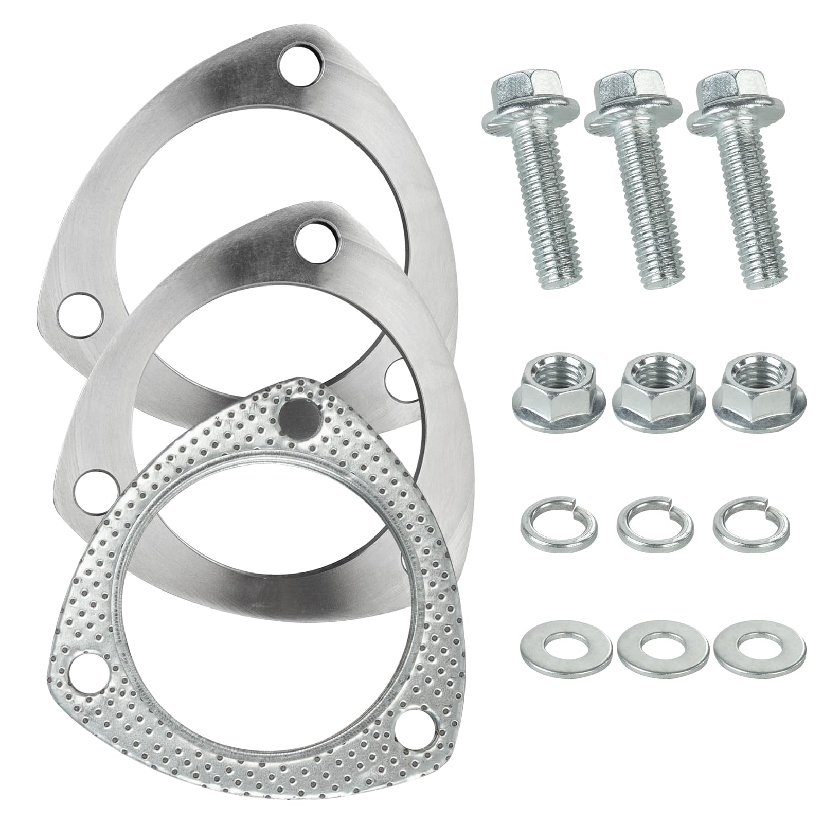 Kit Bride Échappement 76mm (3") Inox - 2 Brides + Joint | 6 écrous hexagonaux & 6 rondelles. Inox résistant rouille/chaleur. Pour turbo, intercooler & catalyseur.