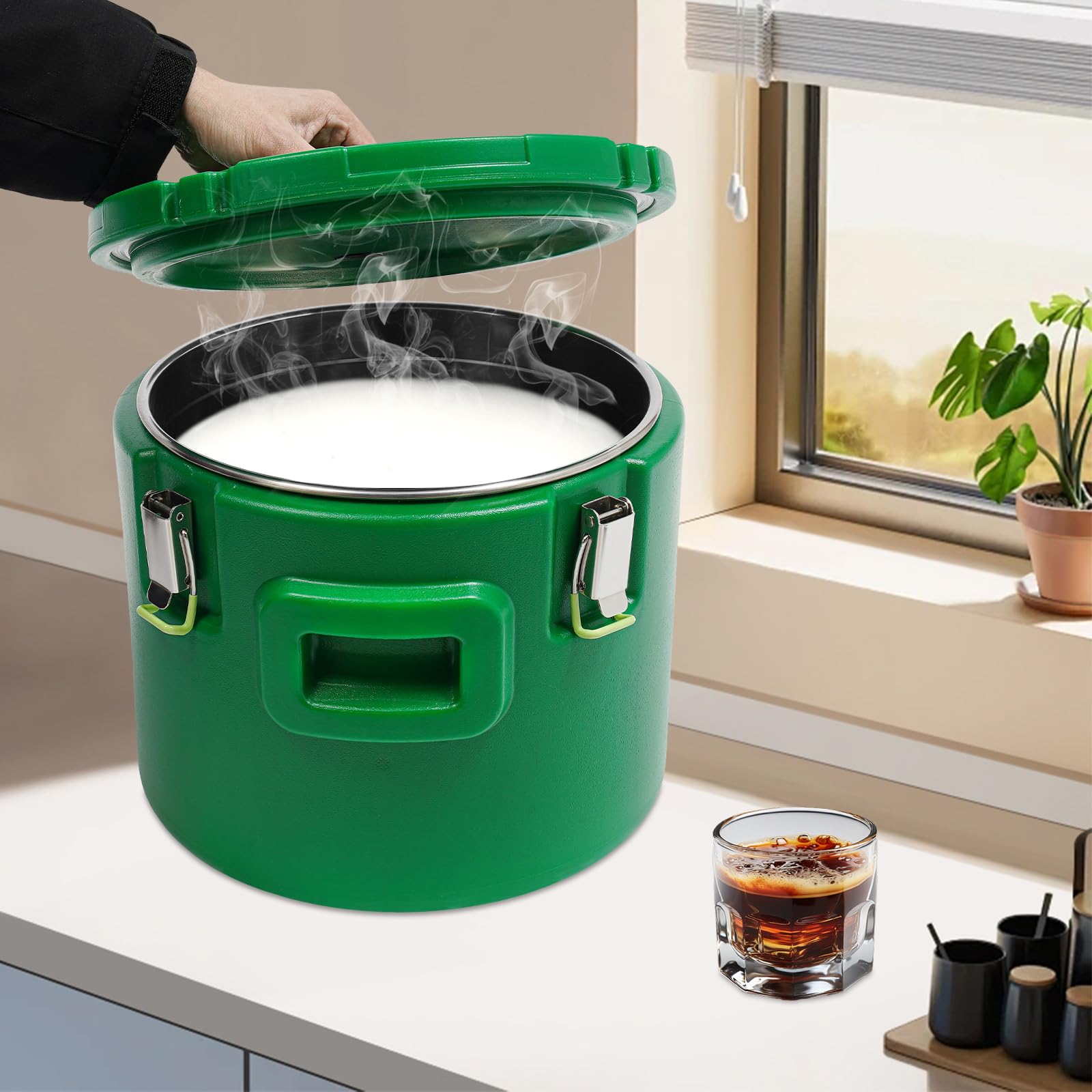 15L Thermobehälter für Essen,Profi Gastro Edelstahl Thermotransportbehälter,Isolierbehälter mit Deckel,Spannverschluss Hält Speisen 12h Kalt und Warm(Grün)