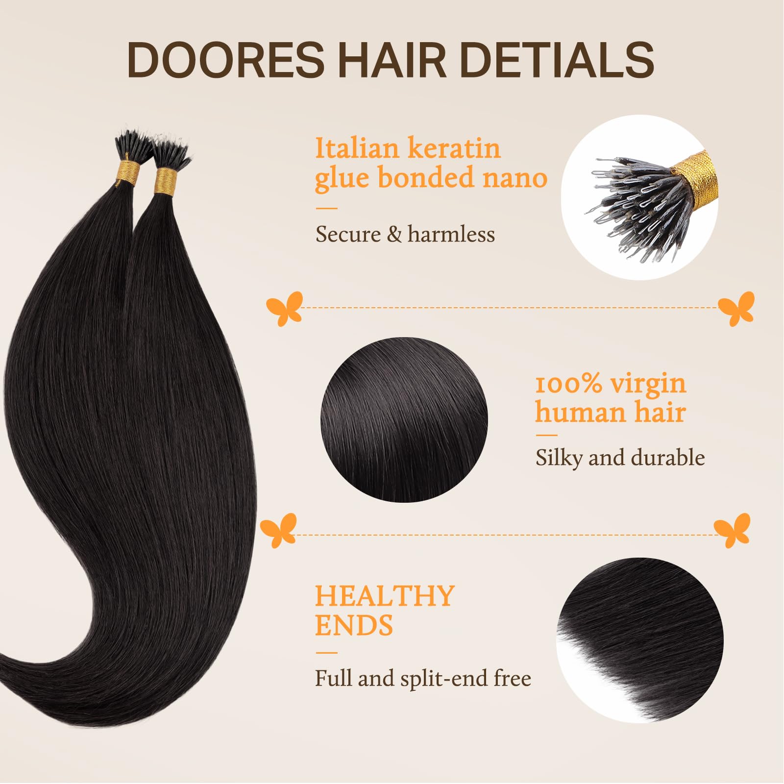 DOORES Nano Hair Extensions, Natural Black 18 Inch 50g 50s, Natural Remy Nano Beads Hair Extensions Lightweight - Image 3