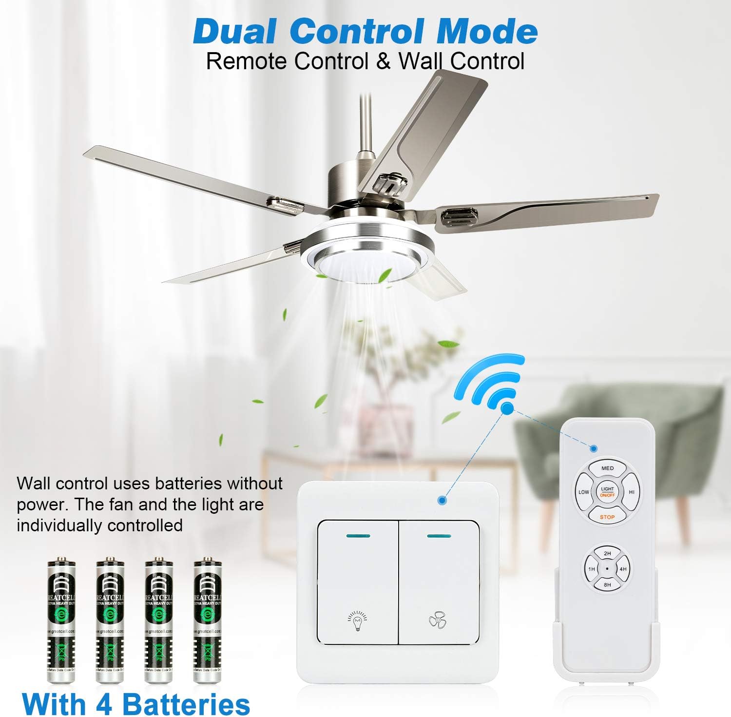 LEDMO 2 Pack Stainless Steel Ceiling fan with Lights Wall and Remote Control 3 Color Lights Timer Modern 48inch 5 Blades for Kitchen Bedroom Living Dinning Room