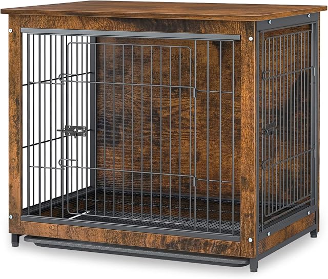 BingoPaw Wooden Dog Crate Furniture: 24 inch Small Decorative Wood Top Indoor Pet kennel Cage End Table with Double Door and Removable Tray for Small Puppy Cat Rustic Brown