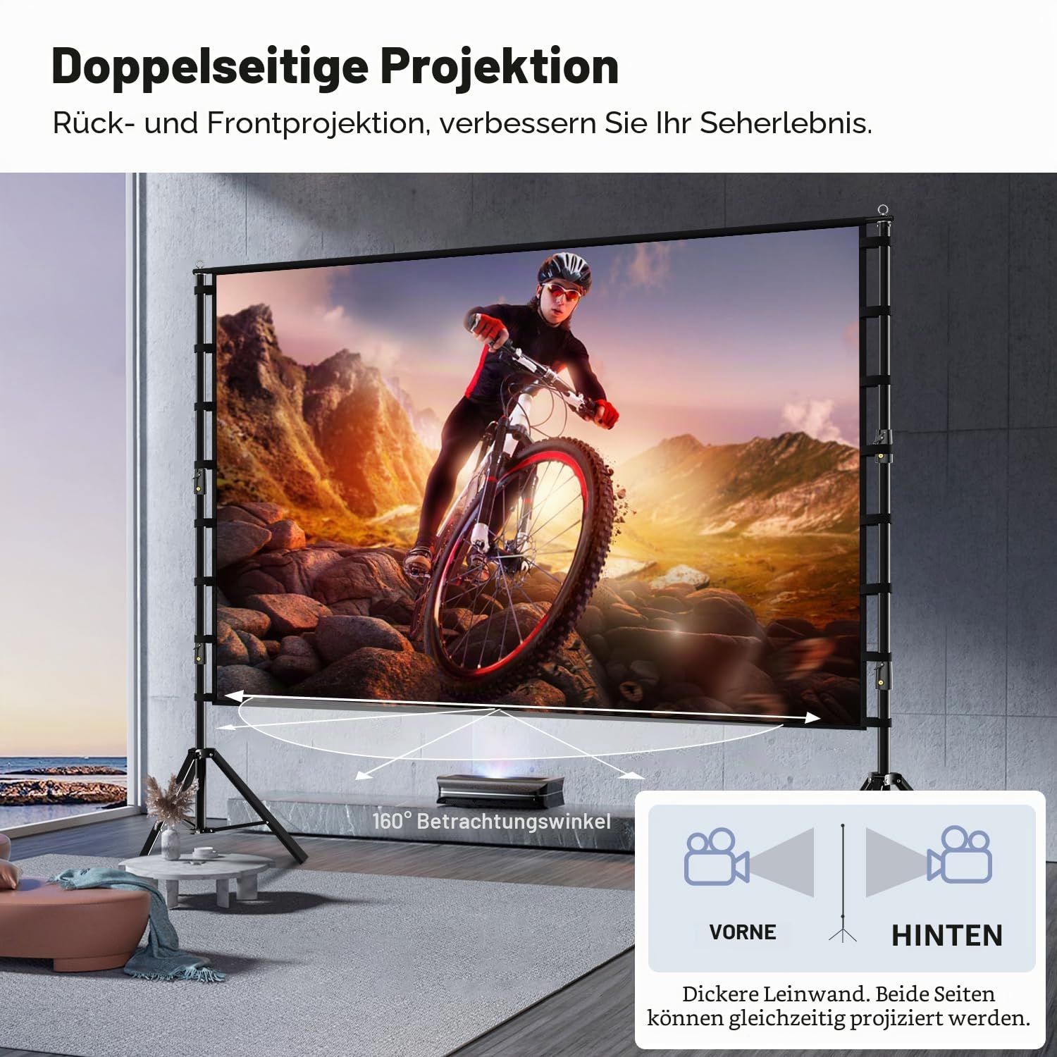 Wootfairy Projektor-Leinwand mit Ständer, 457,2 cm (180 Zoll), tragbare und faltbare Projektionsleinwand 4K HD 16:9, hintere Vorderseite, faltenfreie Filmleinwand mit Tragetasche für drinnen und