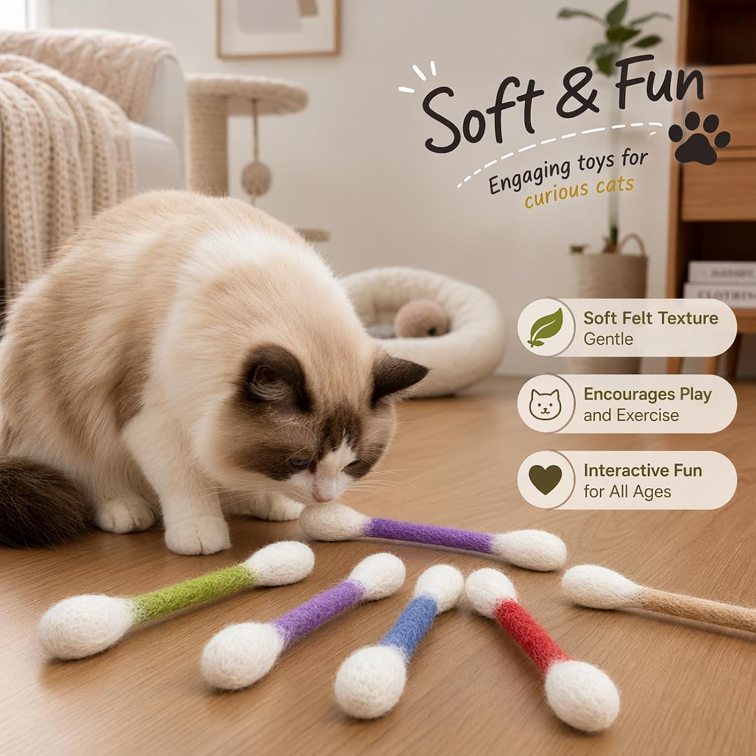 6 PCS Cat Qtip Toy, Interactive Cotton Swab Cat Toy Filled with Catnip image 3