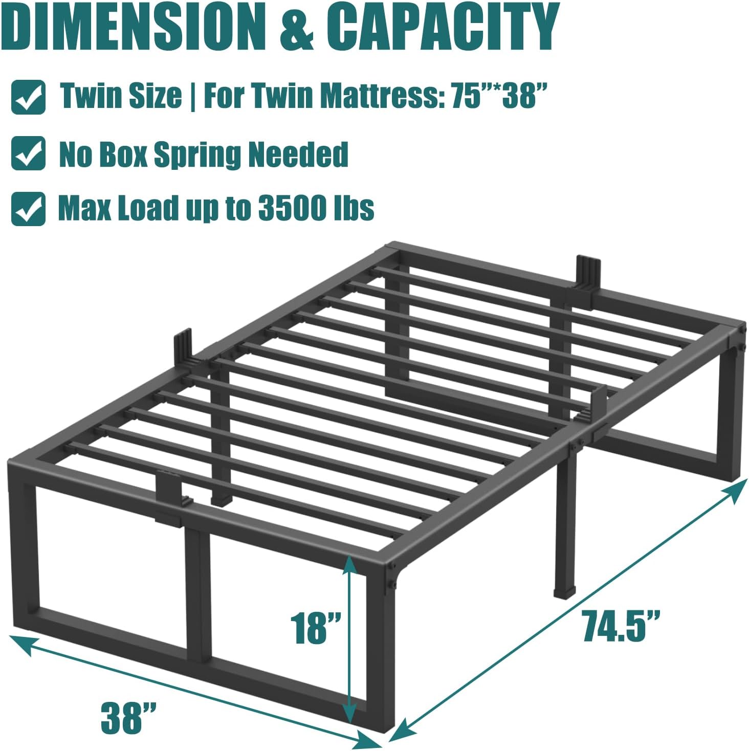Twin Bed Frame, 18 Inch High 3500 lbs Heavy Duty Metal Platform, Mattress Foundation with Steel Slat Support/No Box Spring Needed/Noise Free/Non-Slip/Easy Assembly - Image 3