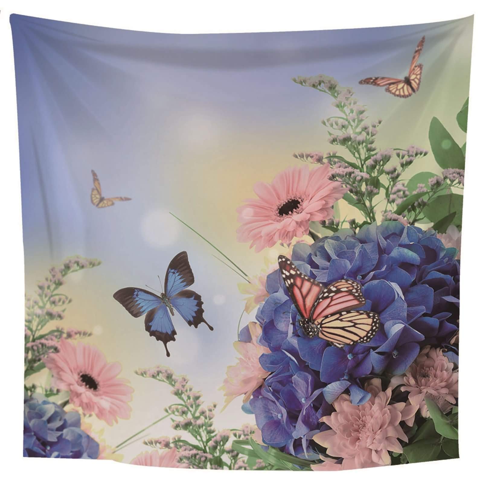 Tapisserie murale bleu rose fleurs papillons grand format salon