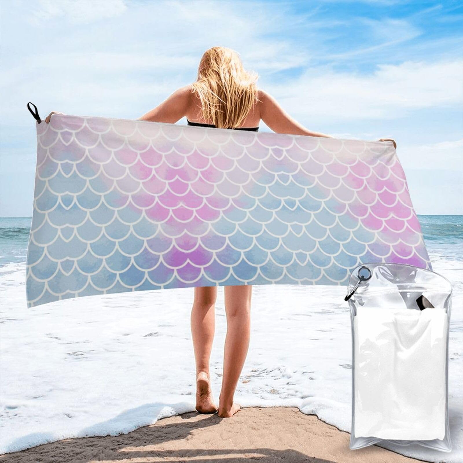 SDEGTHO Colorful Mermaid Scale Print Beach Towel Quick Dry Portable For Swimming Yoga Adults Fitness
