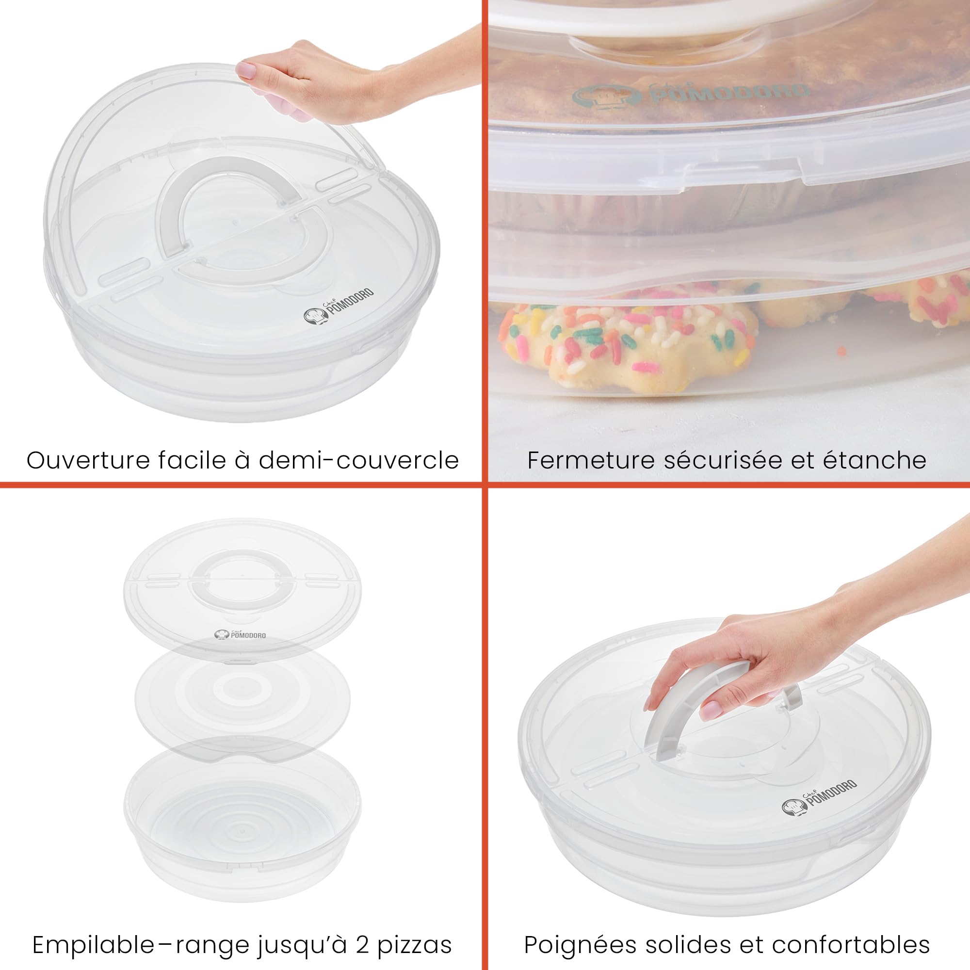 Chef Pomodoro 30,5 cm Boite à Pizza Ronde avec Couvercle, Rangement Compartiments pour Conservation et Transport, Gâteau Transportable Transparent, 2-Pack