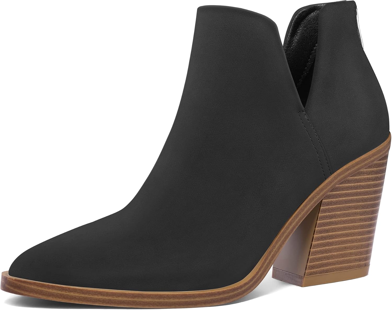 mysoft Women's Ankle Boots Slip on Cutout Pointed Toe Chunky Stacked Mid Heel Booties