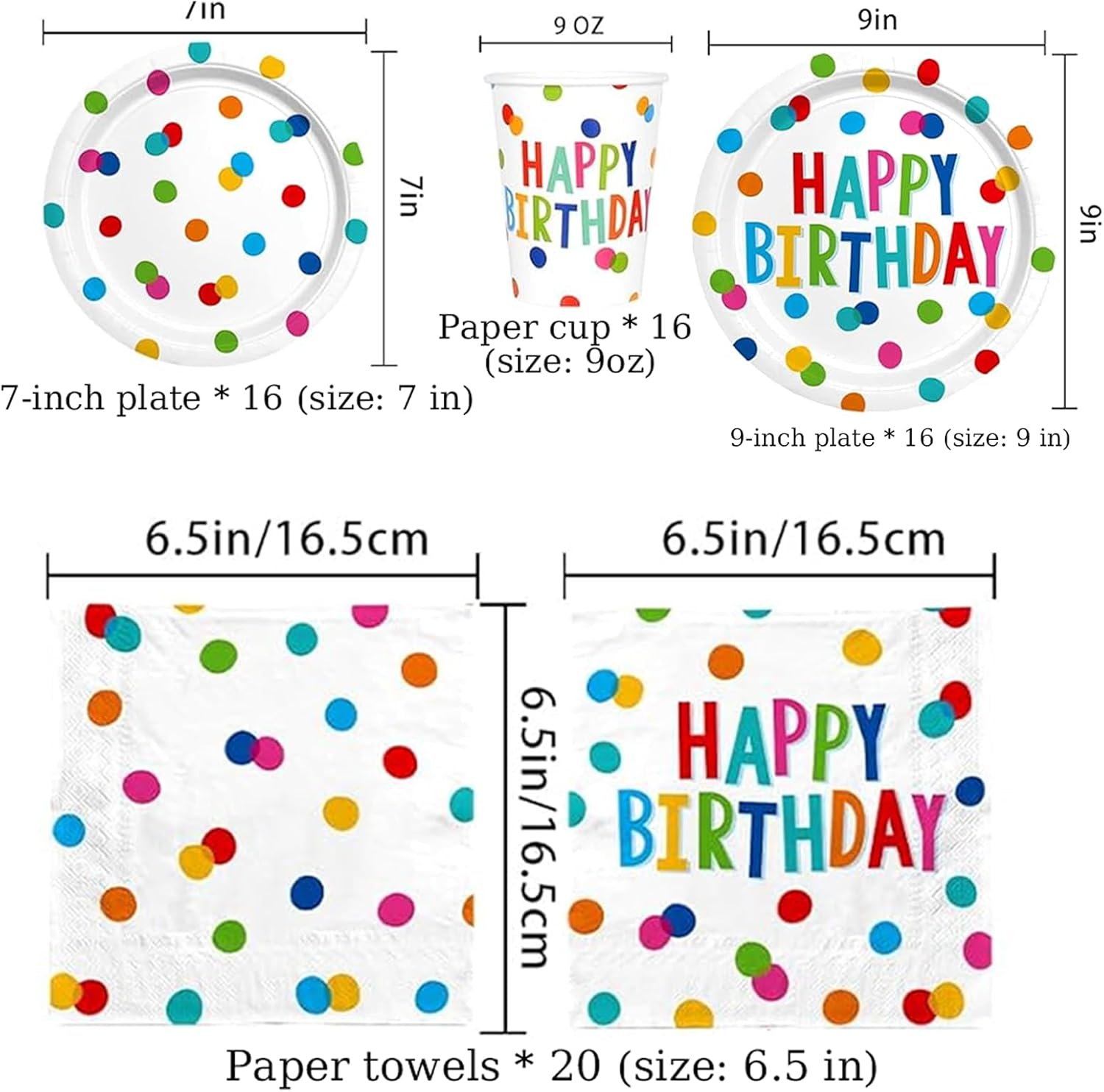 Birthday Plates & Napkins Supplies Tableware Set With 9" & 7" Colorful Dot Paper Plates Cups Plastic Napkins Forks Disposable Dinnerware Happy Birthday Party Decorations - Image 2