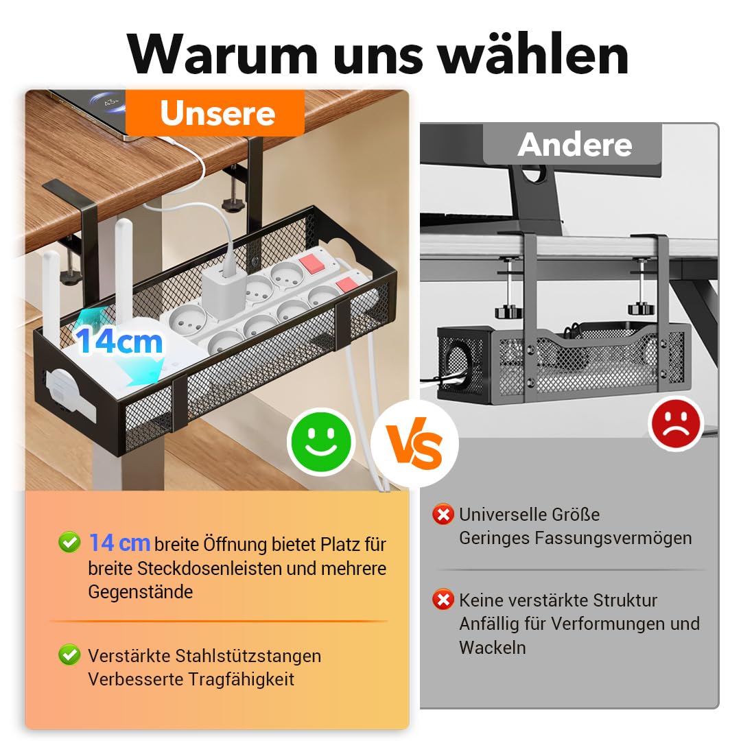 Kabelmanagement-Ablage Unter dem Schreibtisch- Ohne Bohren, Stützmetallstange hinzufügen - Büro und Zuhause - Keine Schäden am Tisch (Black, 42cm)
