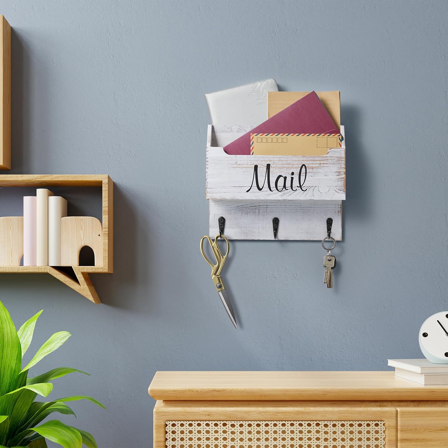 DRASTAR Mail Organizer Wall Mounted, Wooden Mail & Key Holder for Wall, Hanging Mail Organizer, Retro White Mail Basket for Home Office