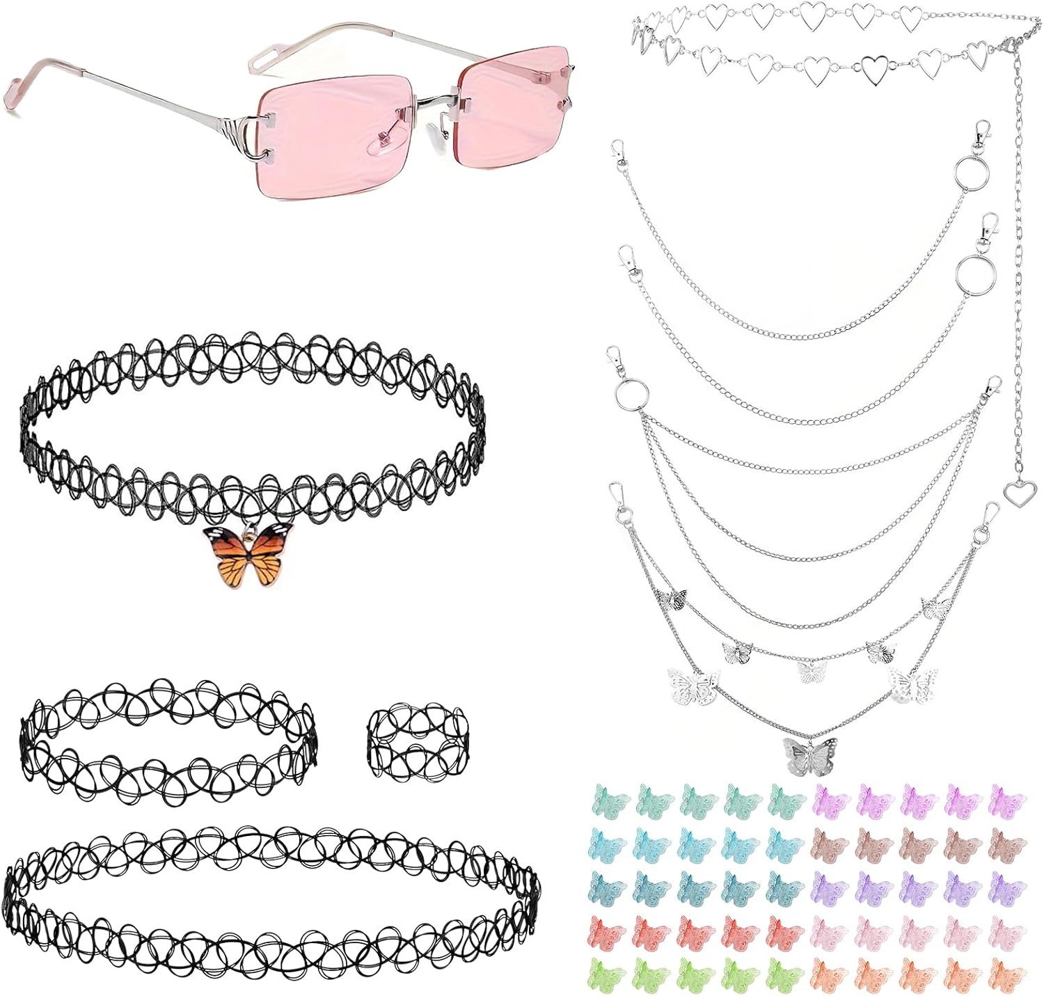 60 Pcs Y2K Accessories Women Set, 2000s Jewelry Includes 5 Chain Belts, 1 Sunglasses, 50 Hair Clips, 4 Chokers, Y2K Things for Women Fit 2000s Fashion & Retro Style