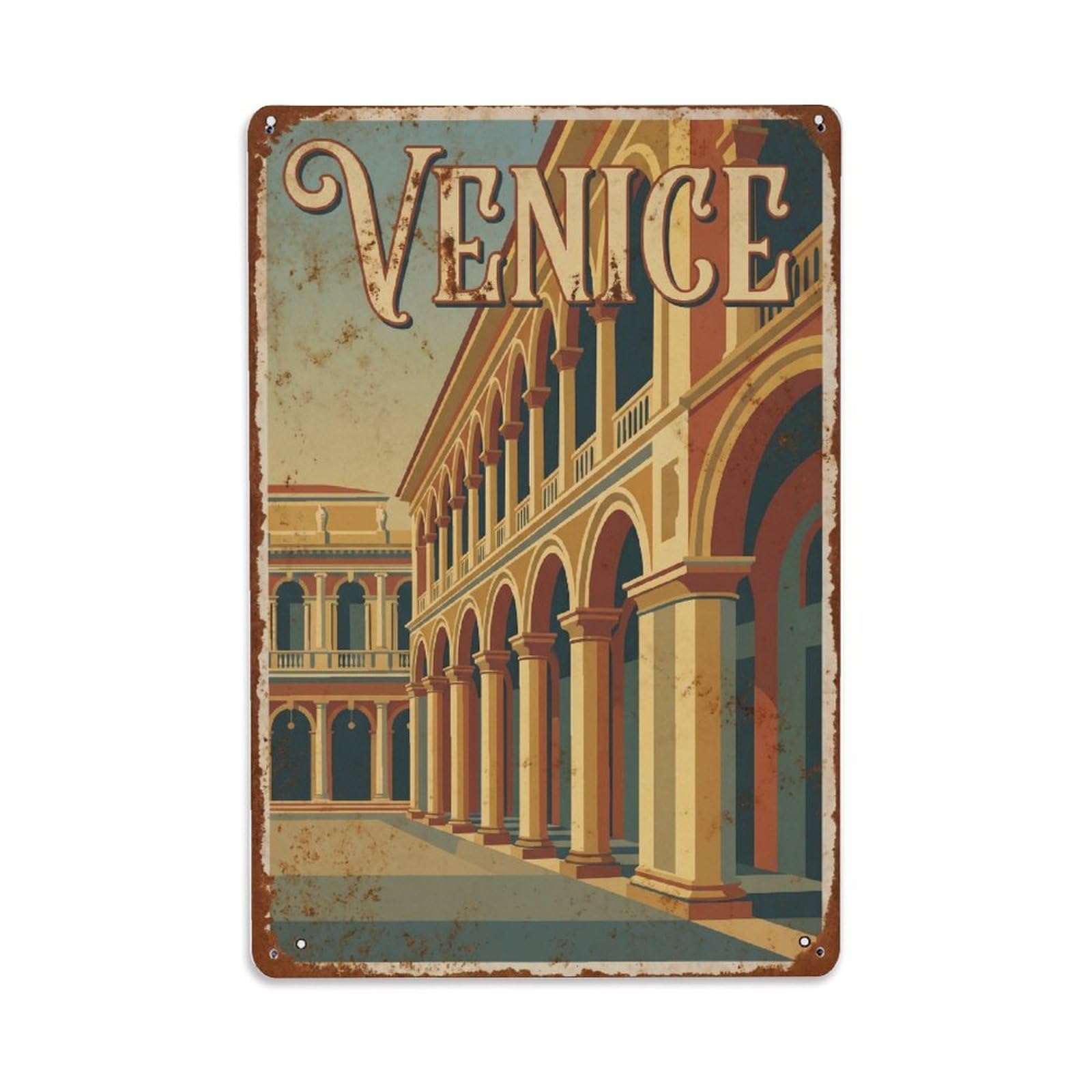 Vintage Travel Venice Piazza San Marco Arcade Columns Rusted Italy Metal Tin Sign Plaque Wall Decor for Cafe, Club Bar, Office, Home Garden Metal Poster 8x12Inch