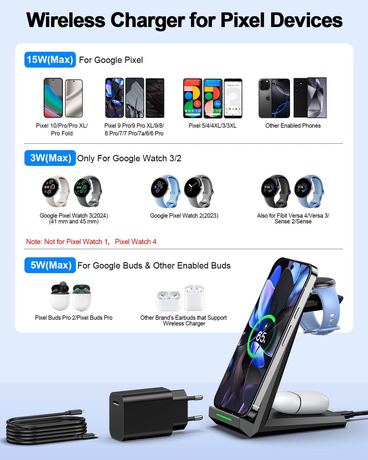 NANAMI induktive Ladestation für Google Pixel Watch 3/2/Fitbit Versa 4/3, 3 in 1 Wireless Charger für Google Pixel 10/10 Pro/9/9a/8/7, induktionsladegerät für Pixel Buds Pro 2(Not for Pixel Watch 4/1)