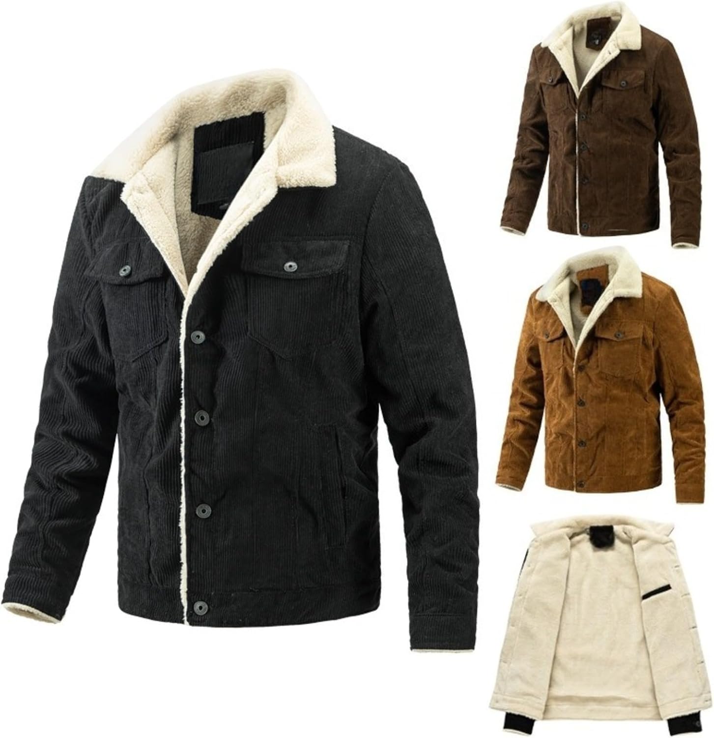 Men's Winter Corduroy Trucker Jacket Western Lapel Cargo Jackets Fleece Lined Warm Cowboy Coat with Pockets
