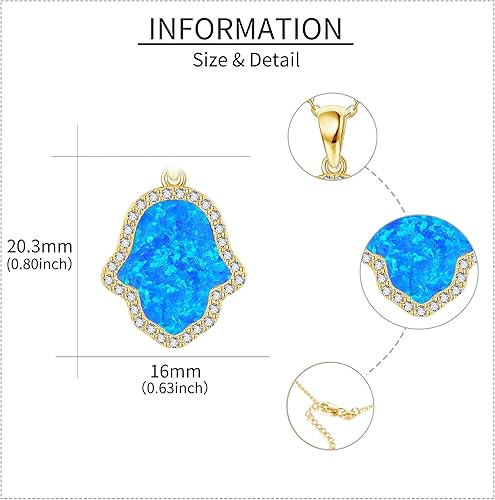 Vista 5 de AXOMY Collar Hamsa para mujer, plata de ley 925, ópalo azul, mano de Fátima, collar con colgante de mano de Fátima, joyería de Hamsa de oro, joyería