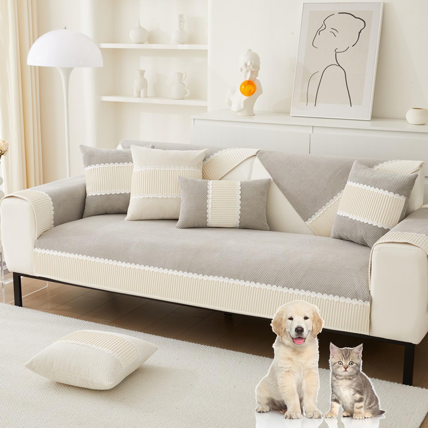 Funda de sofa seccional pana gris protector muebles patchwork antideslizante modular 110x210 cm