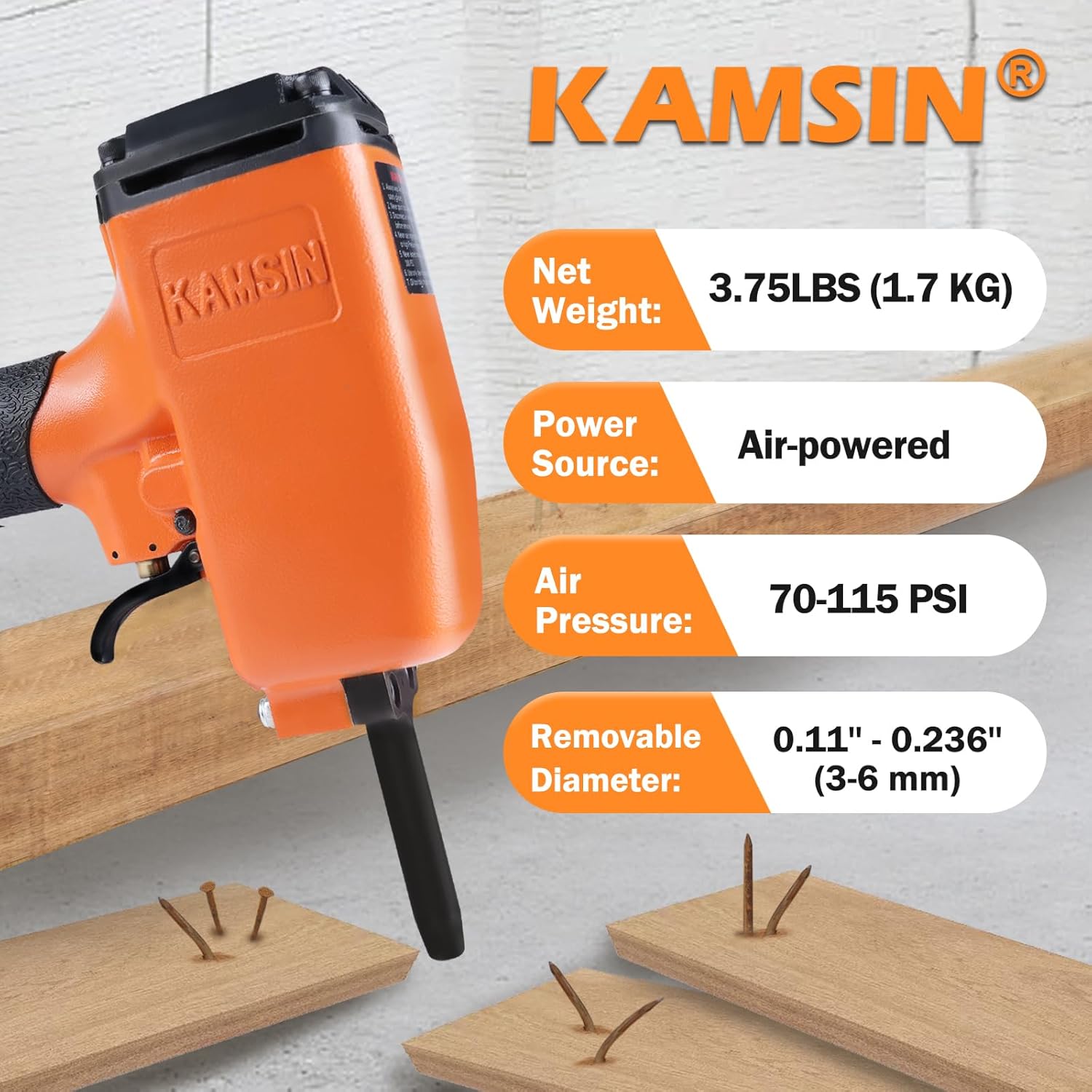 KAMSIN KT50 Pneumatic Nail Puller with Safety, Air Nails Remover Gun Punch Nails Head Diameter of 3 to 6 mm (0.118"- 0.236"), Pneumatic Nails Puller for Denailing & Recycling