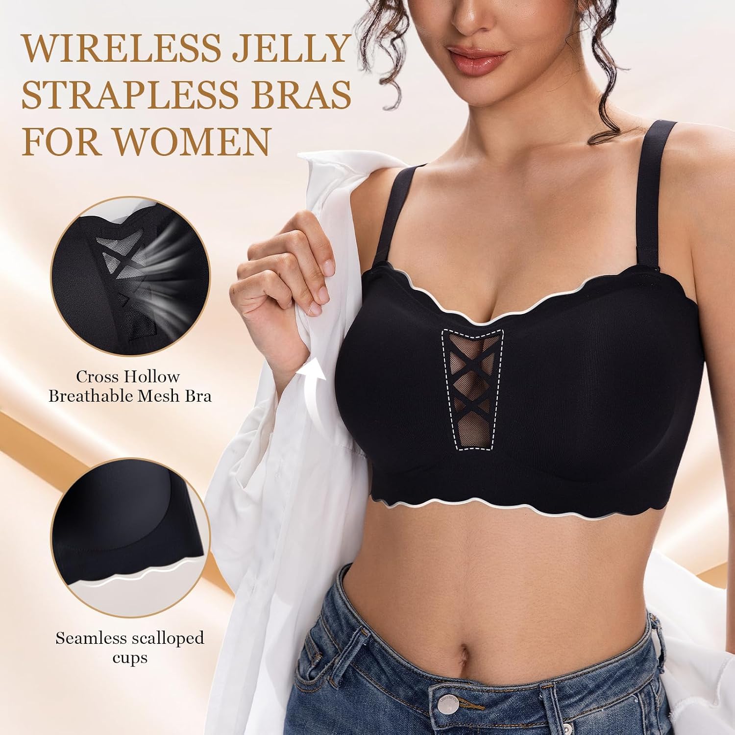 Women Strapless Push Up Bras Non Slip Support Corset Seamless Wireless Padded Invisible Bandeau Tube Top with Straps