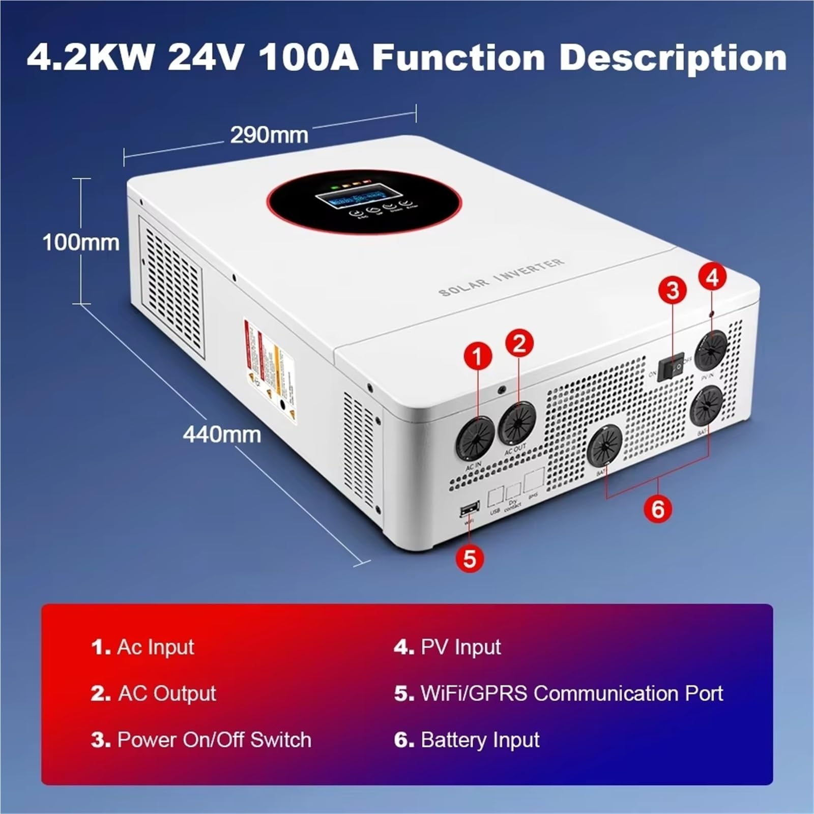 Power inverter Inverter Solare Ibrido Da 4,2 KW 6,2 KW 24V 48V 220V Inverter A Onda Sinusoidale Pura Su Rete Con Regolatori Di Carica Fotovoltaici MPPT(No WiFi,6.2KW 48V MPPT 80A)