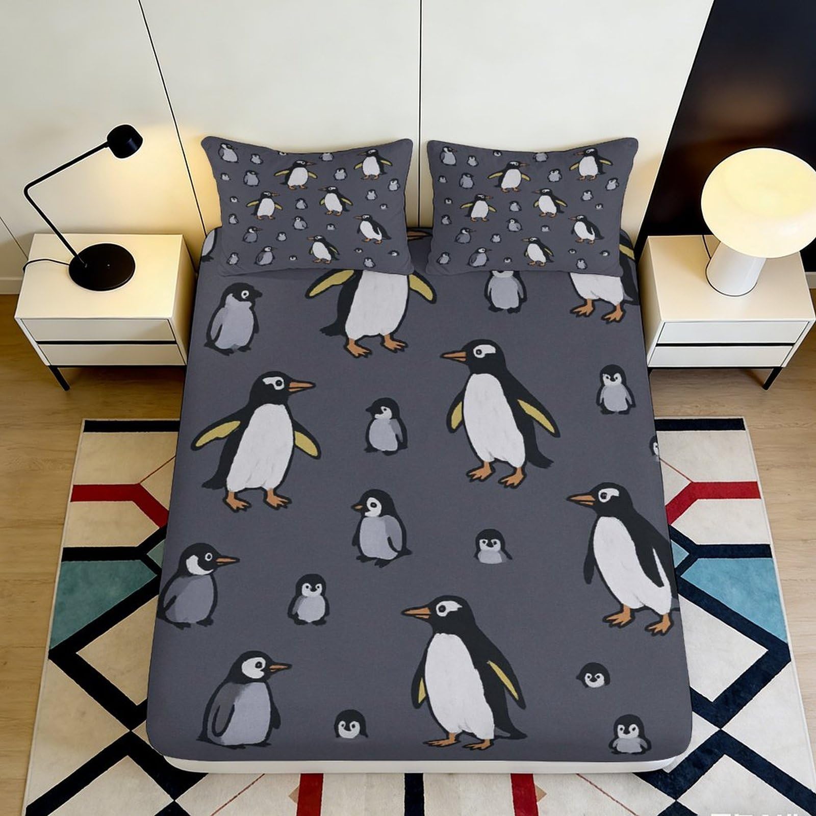 3D Printed Cartoon Penguin Fitted Sheet Microfiber Soft Grey Bed Cover for Bedroom Guest Room Dorm Mattress Decor 90x200x25cm