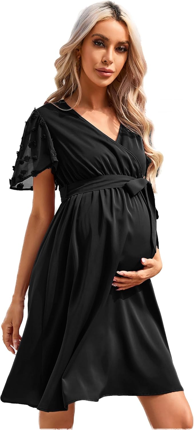 Maternity V Neck Dress Swiss Dot Short Sleeve Summer Wrap Midi Baby Shower Pregnancy Dresses for Photoshoot