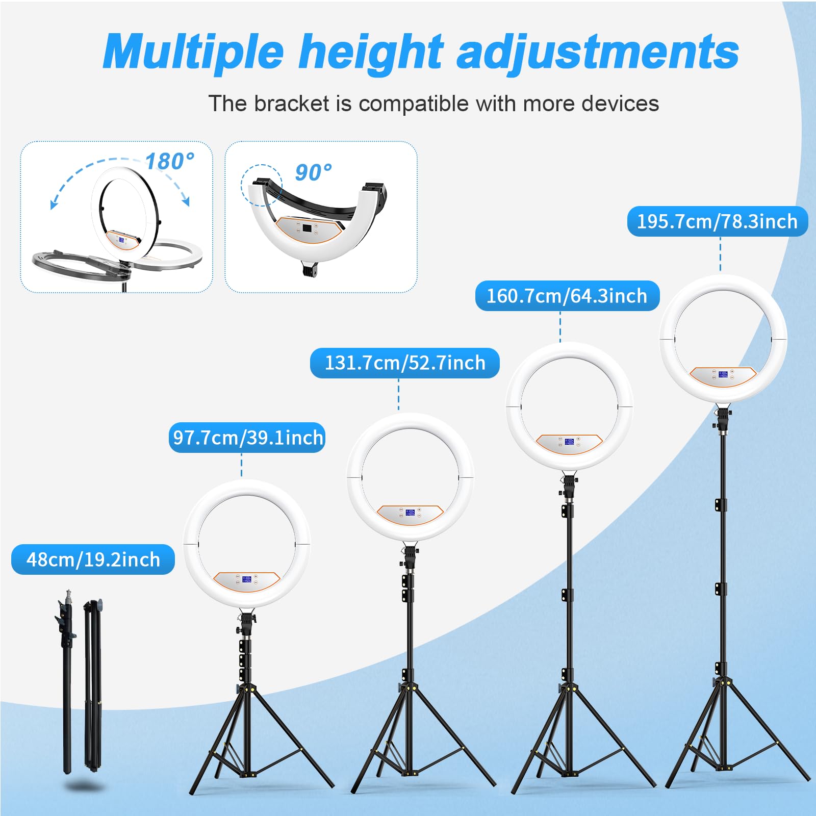 Ringlicht mit Ständer, 45,7 cm, 2 Stück, faltbares großes Ringlicht für iPhone, LED-Display/3 Handy-Clips/2 USB-Anschlüsse, 2700–6500 K, Ringlicht-Stativ für Tattoo, Wimpern, Barbier, Make-up, Studio,