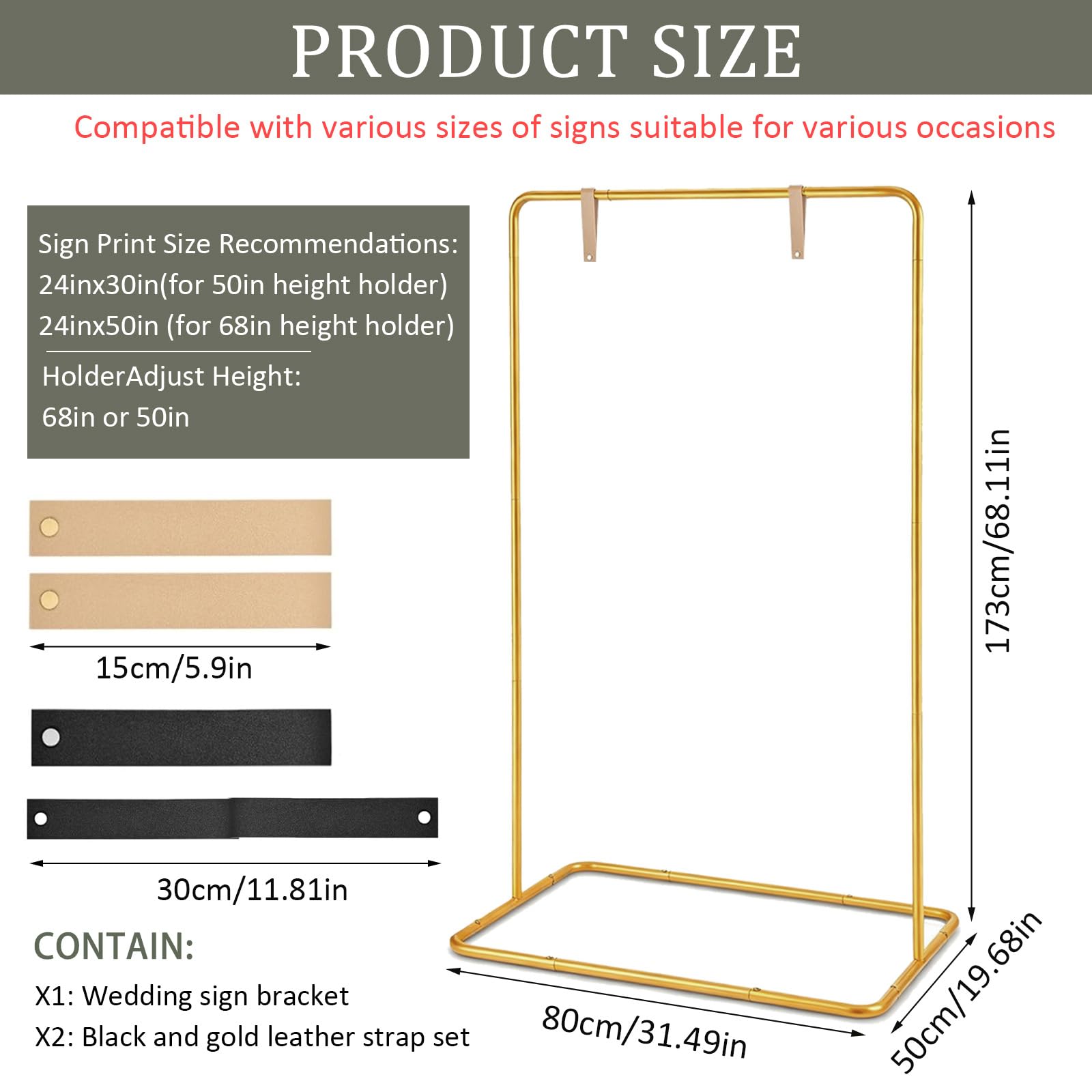Willkommensschild Hochzeit Ständer Höhenverstellbar 136–173 cm Metall Schildhalter für Hochzeit Empfang mit Lederbändern für Sitzplan Poster Elegantes Design Stabiler Stand (Gold)