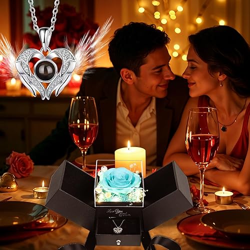 Miniatura 5 de FIACO Regalos para mujeres, collar de rosa preservada con corazón en caja, flores frescas para entrega, regalo de cumpleaños, ideal para esposa