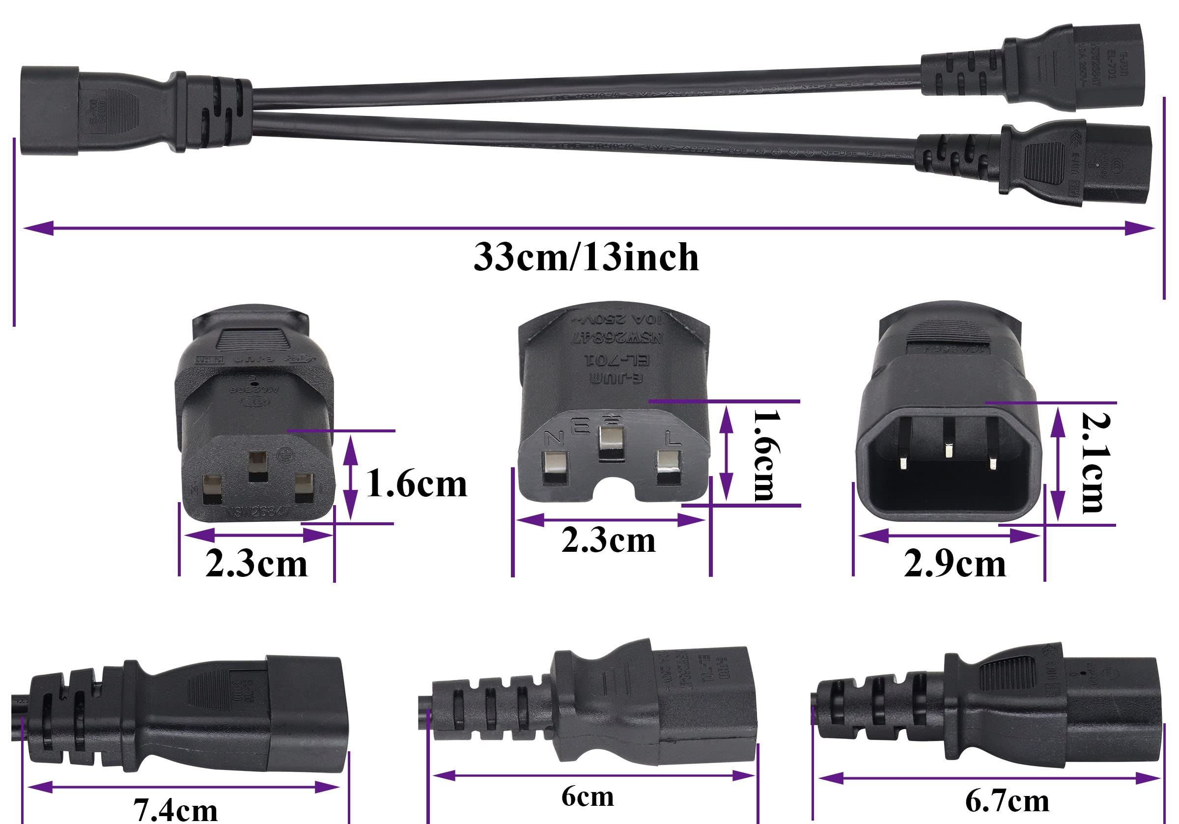Portable C14 To C13/C15/C5/C7 Power Cable Adapter – Male To Female, 10A 110-220V, ABS Compact