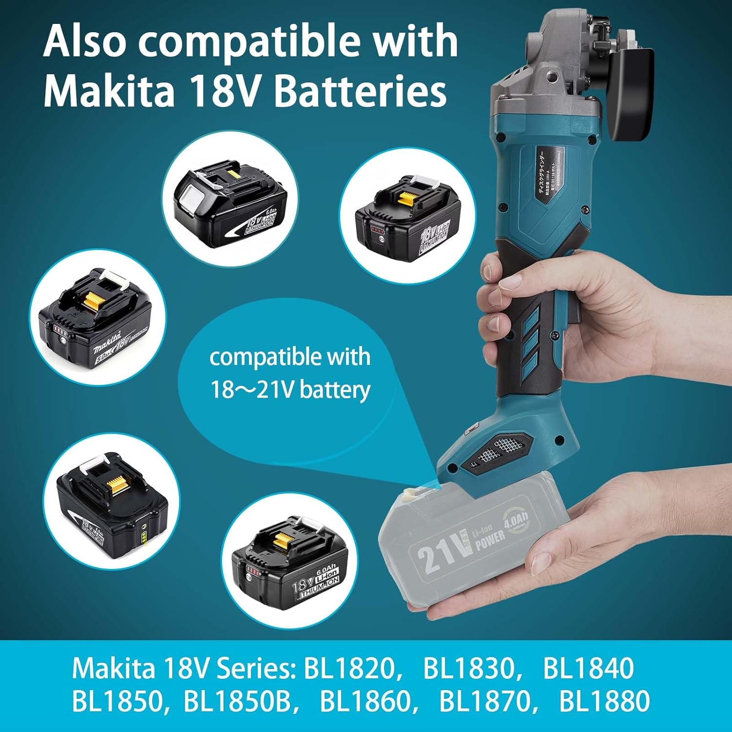 Angle Grinder, 4inch Cordless Angle Grinder, 18V/21V Grinder with 4000mAh Battery, 12000RMP Power Grinder Compatible with Makita Battery, Cutting/Deburring Grinder Tool