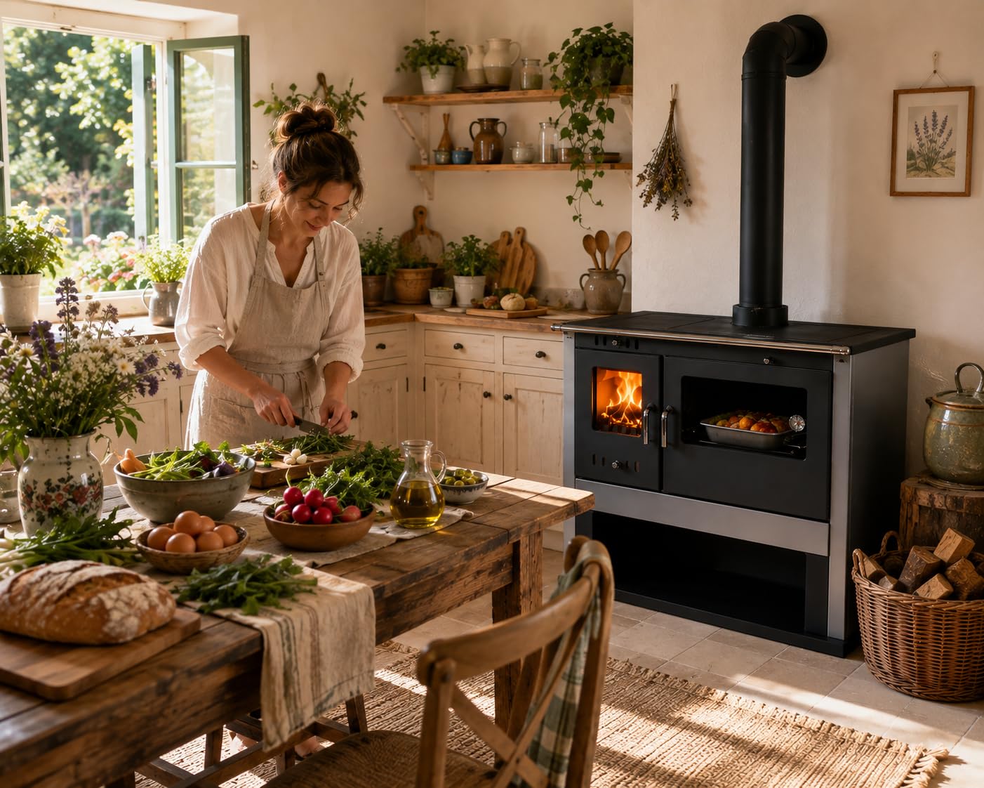 Viki Lix Poêle à brûler en bois 10,5 kW avec four et couvercle de cuisson