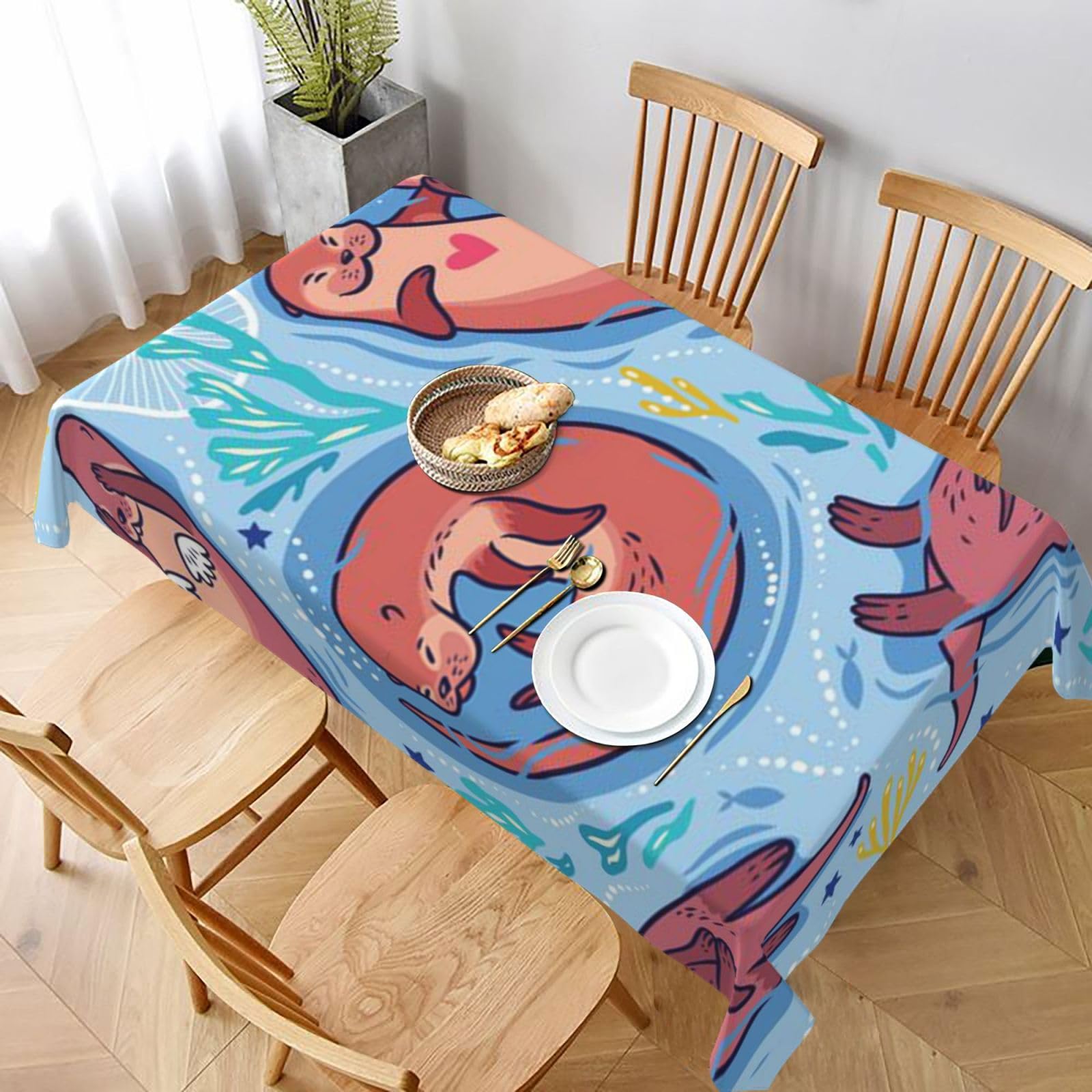 BNVSADC Animal Cute Brown Otters Printed Rectangle Tablecloth 228x152 CM, Water Resistant Polyester Table Cloth Decorative Fabric Table Covers for Kitchen Dining Table Parties Camping