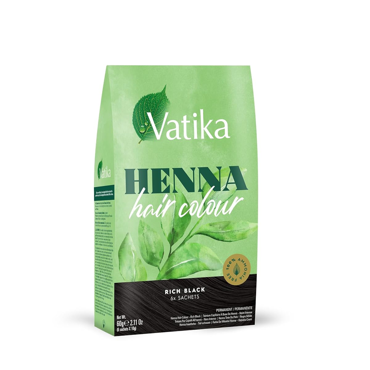 Vatika Henna Rich Black Hair Colour, 60g, 6 x 10g Sachets, 100% Ammonia Free,