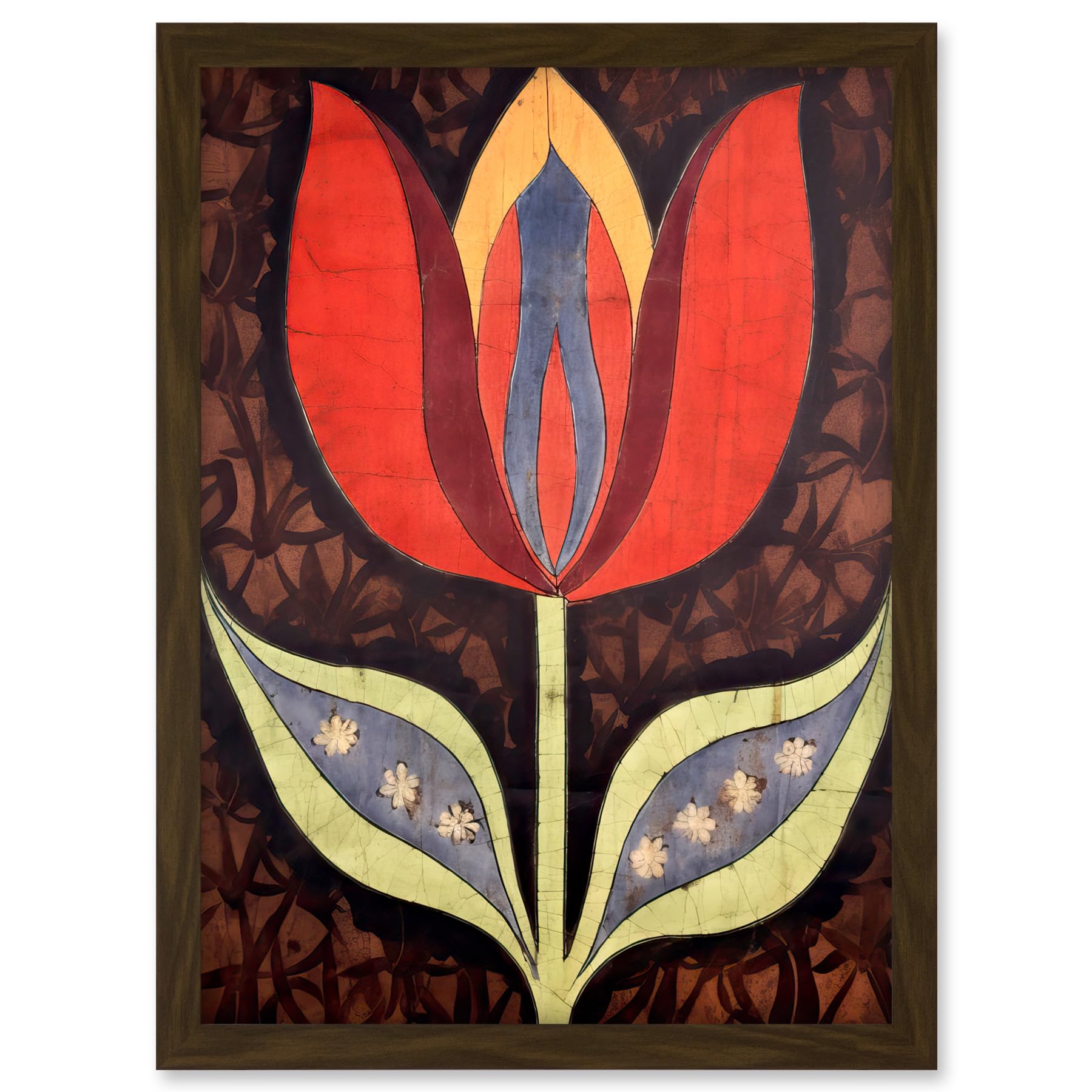 Artery8 A Single Tulip Flower Batik Style Pattern Folk Art Artwork Framed A3 Wall Art Print