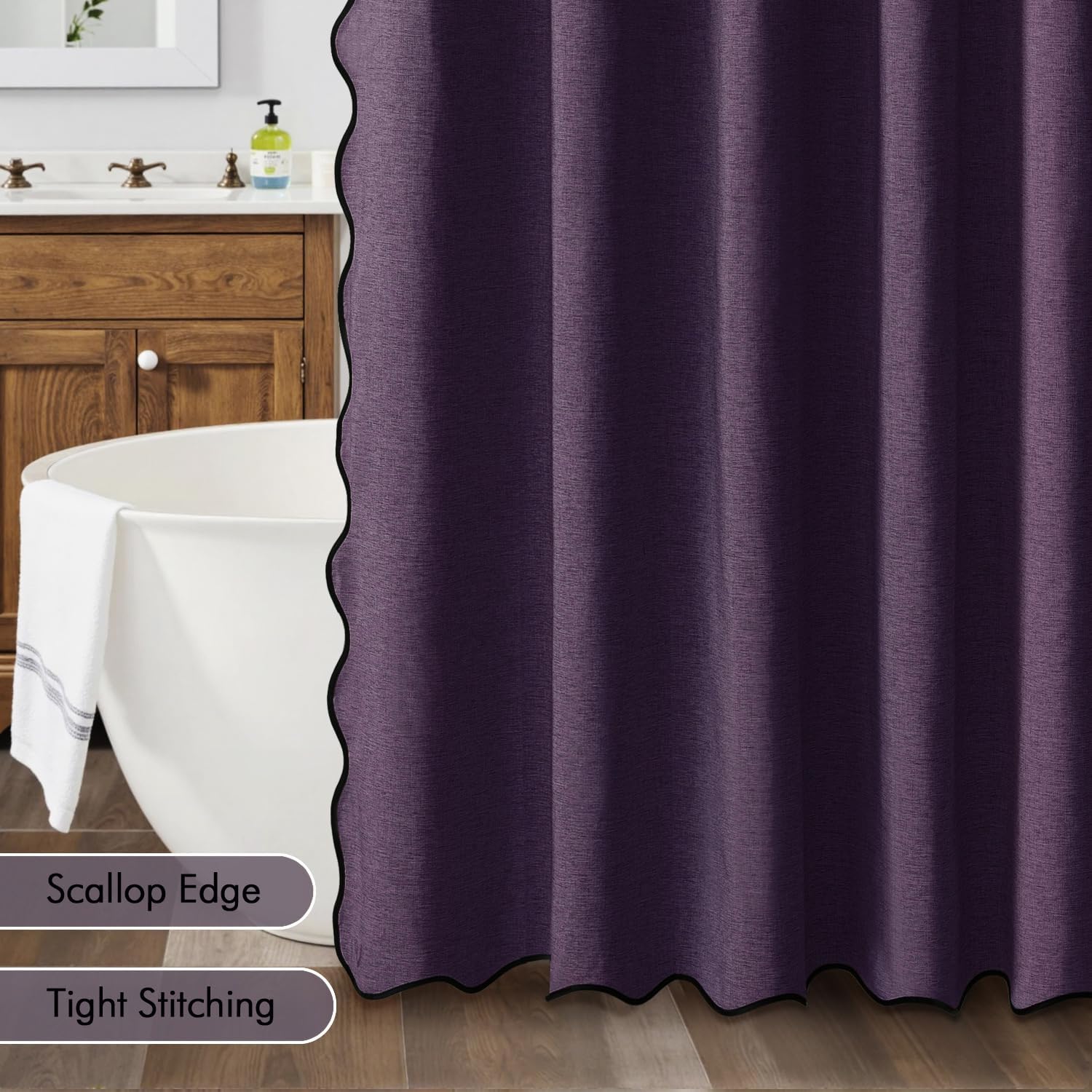 MIULEE Purple Scalloped Shower Curtain Linen Textured with 12 Metal Hooks Cute Heavy Duty Washable Waterproof Thick Cloth Shower Curtains with Black Border for Bathroom Hotel Bathtub,W72*L72 thumbnail