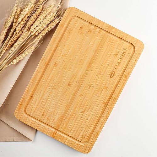 Miniatura 8 de Daniks Juego de 2 tablas de cortar de bambú orgánico (16 x 12 y 13 x 9 pulgadas) con ranura para jugos, resistente, sin BPA, ecológicas, para