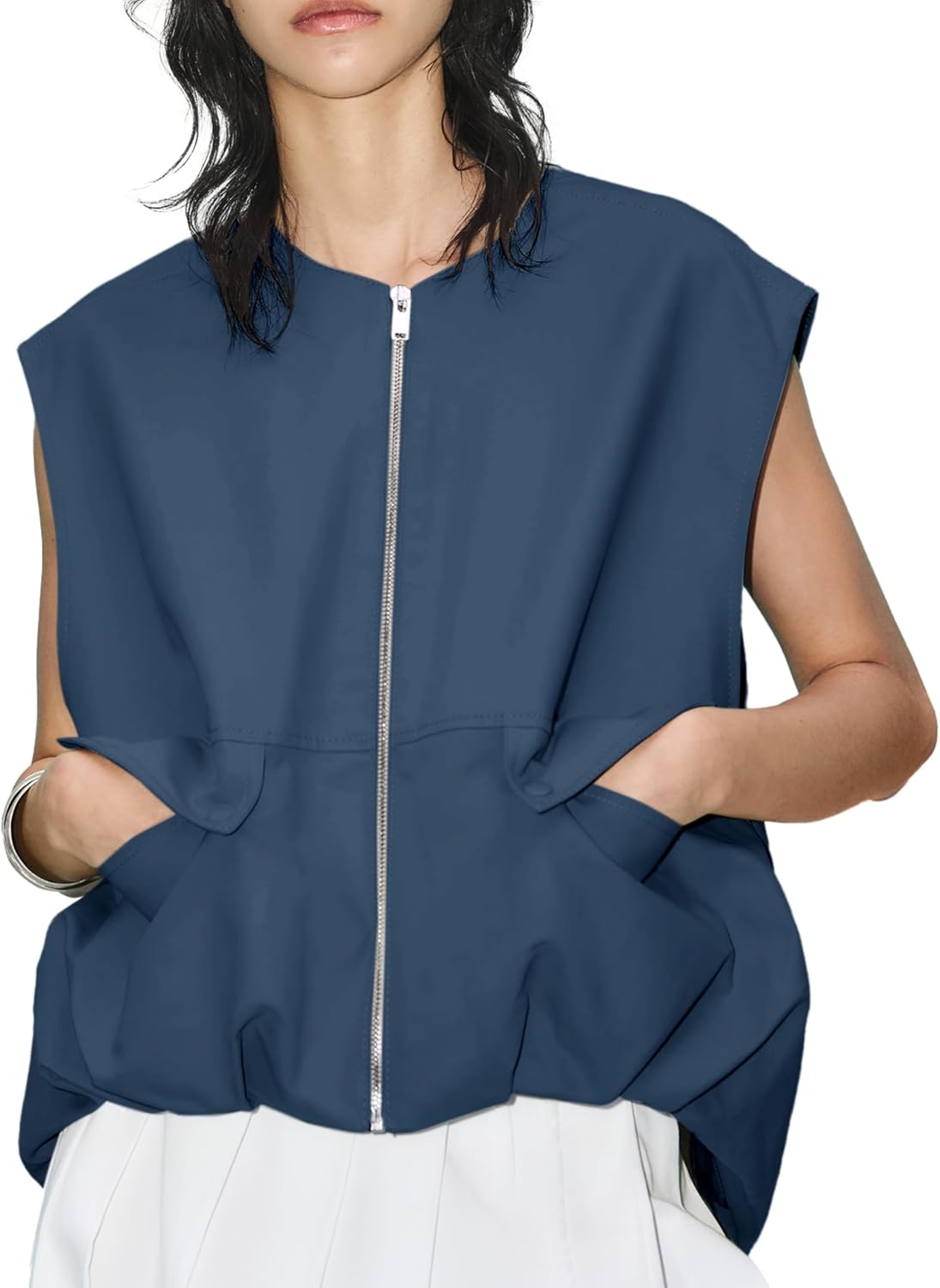 Womens Casual Zip Up Cargo Vest Top Oversized Lightweight Ruched Hem Sleeveless Blazer Jackets Vest Tops