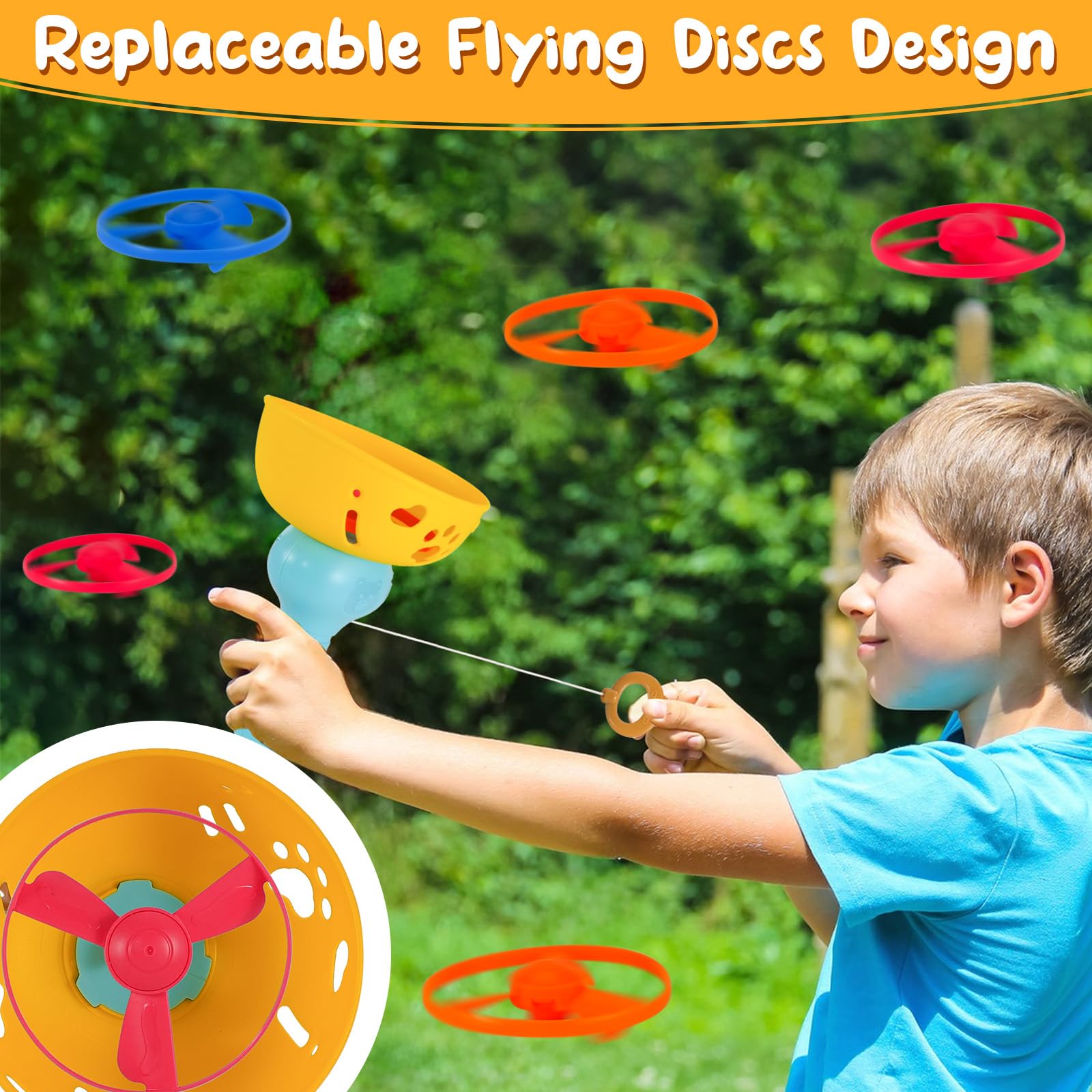Outdoor Flying Disc Launcher Toys Set Pull-String Launchers Flying Toys Summer Fun Outdoor Activities