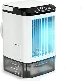 1000ml Portable Air Conditioner with Remote Control, 5-in-1 Mini Air Cooler, 3 Wind Speeds & 3 Mists Modes, 2-8H Timer, 7 Colours Light, Mobile Air Cooling Fan for Room/Office, Plug-in [Energy Class A++]