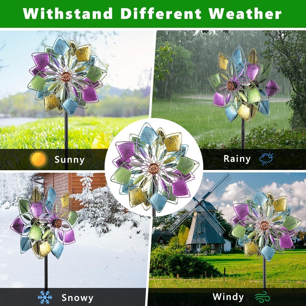 14.3” Wind Spinners Outdoor,Colorful Metal Wind Spinner with Metal Stake Kinetic Pinwheels,Large Wind Spinners for Yard and Garden,Windmill Yard Art Wind Sculptures & Spinners(63”H)