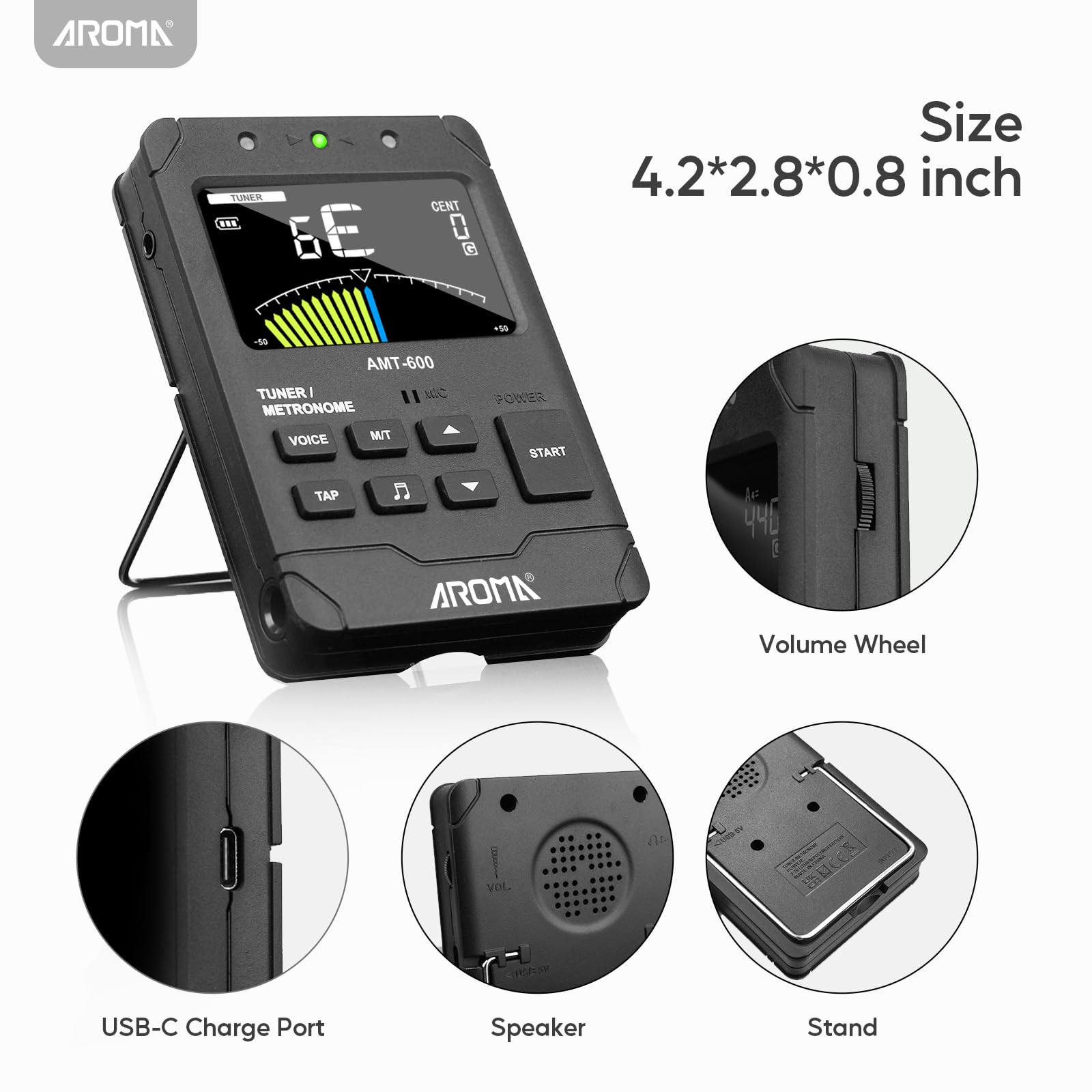 Aroma Metrónomo Digital Afinador Recargable para Todos los Instrumentos con Modos de Afinación para Guitarra, Bajo, Violín, Ukelele, Cromático e Instrumentos de Viento