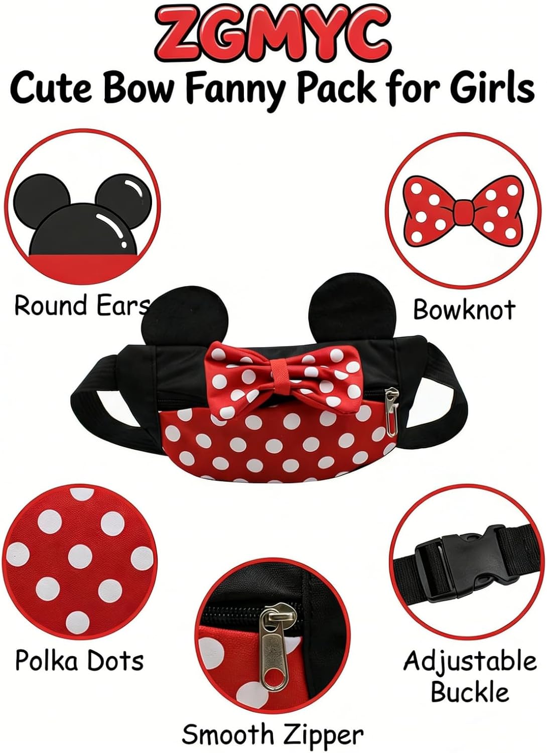 Toddlers Boys Girls Cartoon Fanny Pack Waist Pack Cute Canvas Crossbody Purse Handbag with Mouse Ears - Image 2