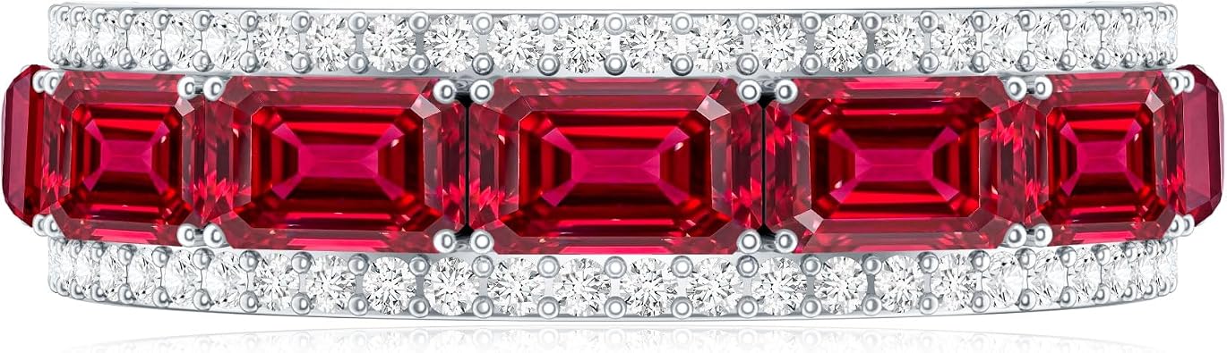 Certified Lab Grown Ruby Emerald Cut Eternity Ring, Aaaa Quality, Ruby Diamond Anniversary Band (Ideal For Gift)