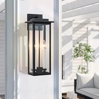 Outdoor Wall Lights, Large Porch Lights Fixture Wall Mount, Black Exterior Wall Sconce with Clear Glass, White Candelabra, Waterproof Outside Patio Light Fixture for House, Garage