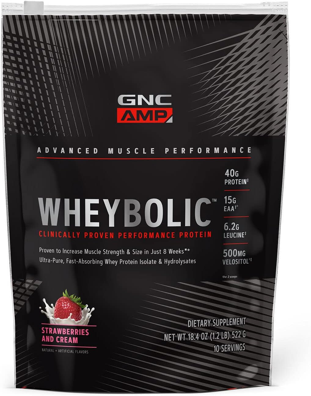 GNC AMP Wheybolic Clinically Proven Protein Powder, 40g Whey Protein, BCAA, Leucine, Increases Muscle Strength, Muscle Building, 3rd Party Tested, Gluten Free, Strawberries and Cream, 10 Servings