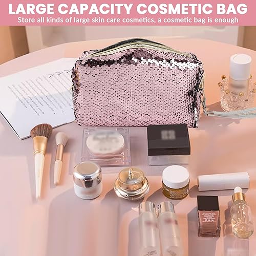 Miniatura 5 de Bolsas de cosméticos de viaje con lentejuelas mágicas reversibles, con purpurina, organizador de maquillaje, bolso para mujer, Rosado